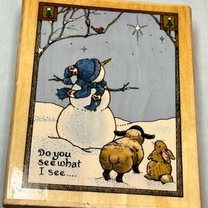 Snowman and Animals Wooden rubber stamp  Block